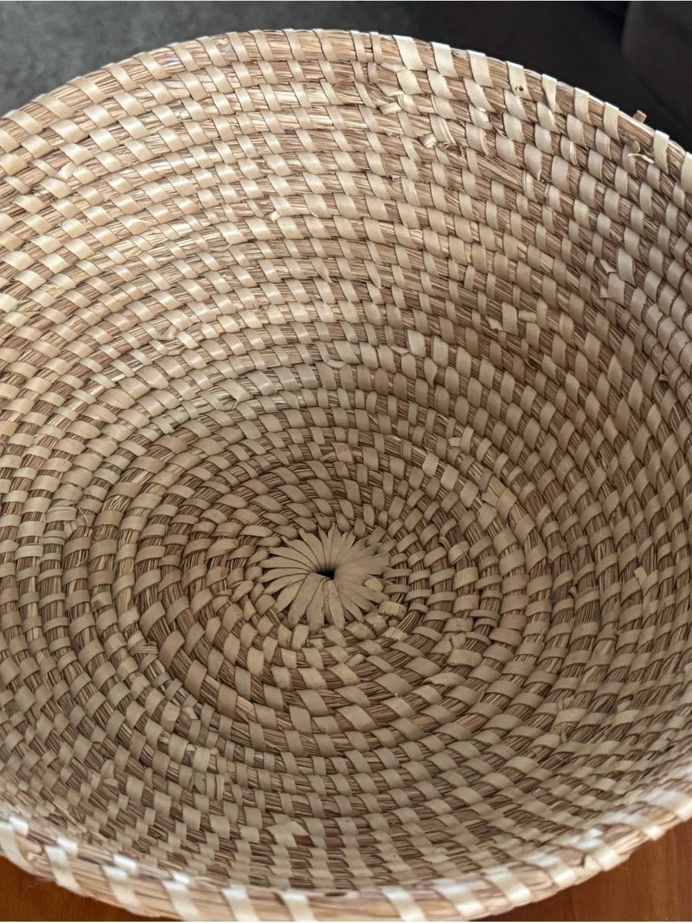 Vintage Handwoven Straw Basket Coiled Shallow Bowl Boho Decor